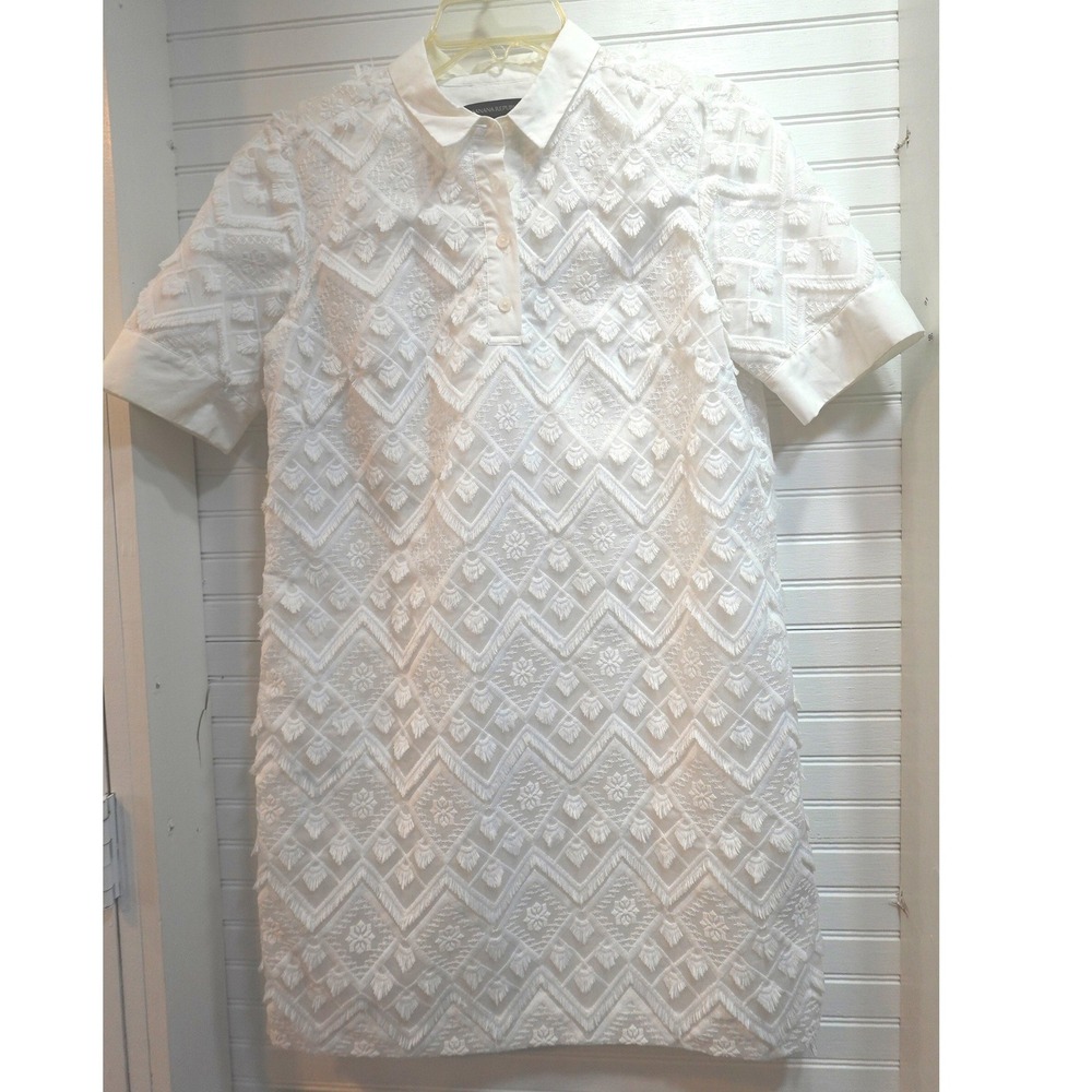 Banana Republic White Dress Women's Small Petite 2017 Polo Fringe Embroidered